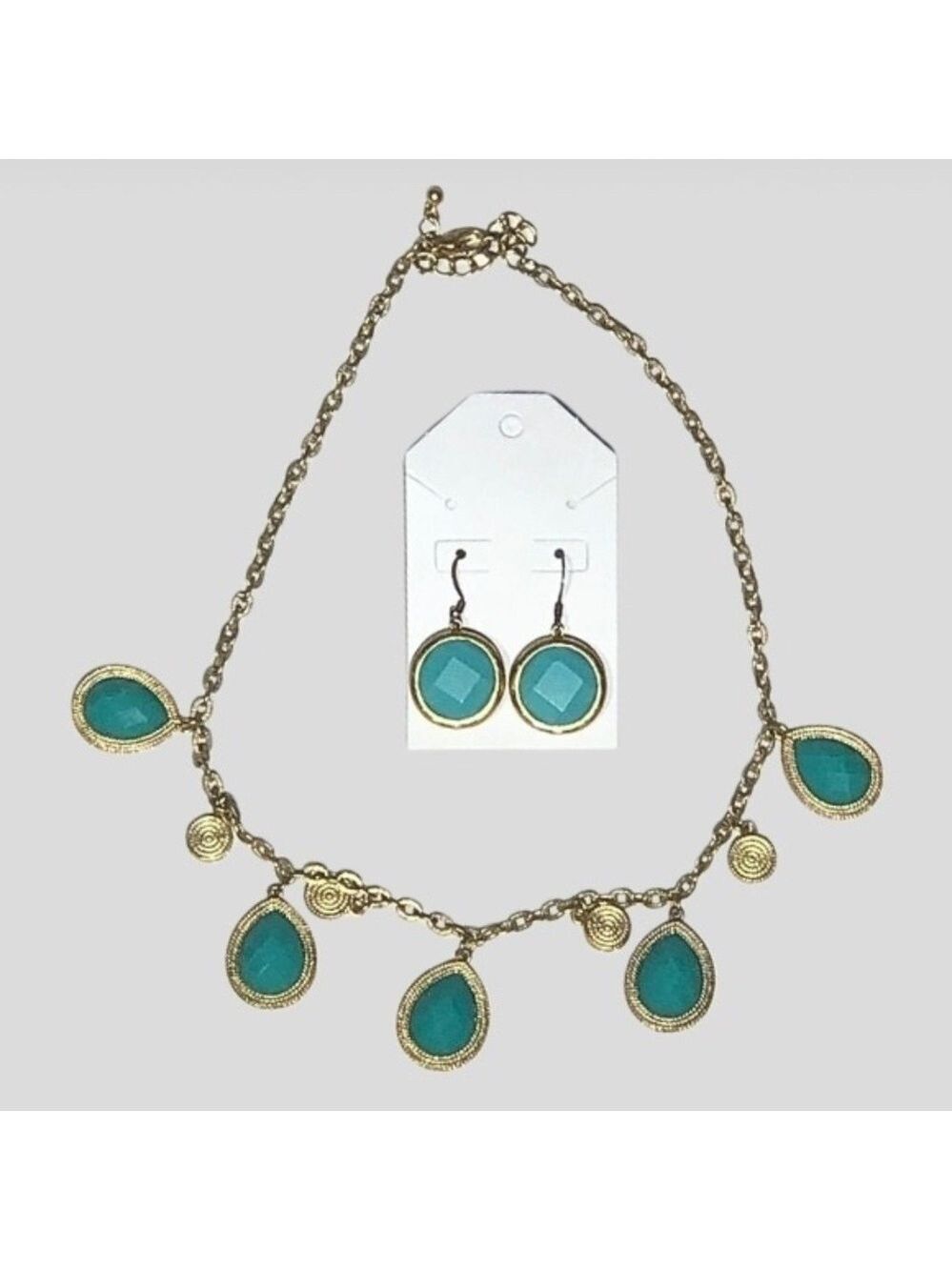 Gold Turquoise Teardrop Charm Necklace and Earrings Set